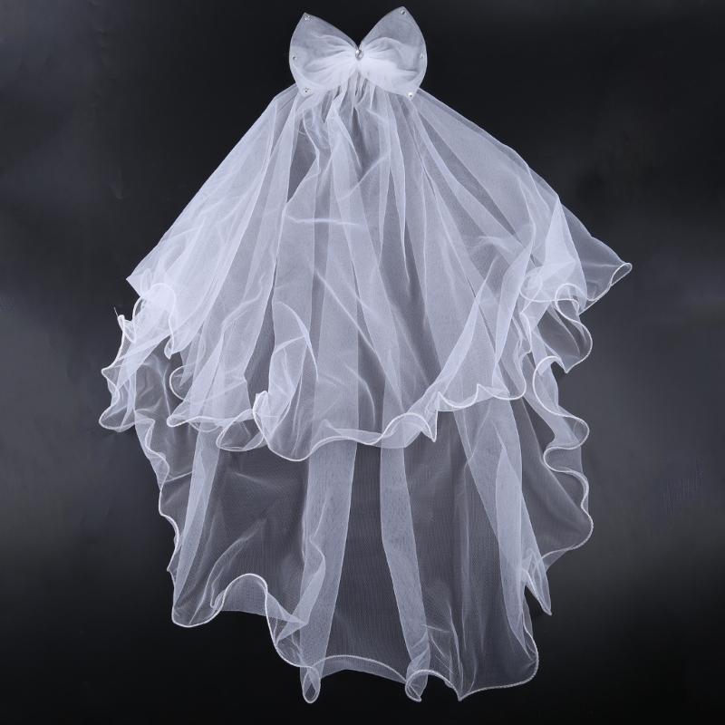 Wedding Veil with Metal Comb Wedding Hair Accessories for Flower Girl 2 Tier Longest Tulle 28" Embellished with Bow