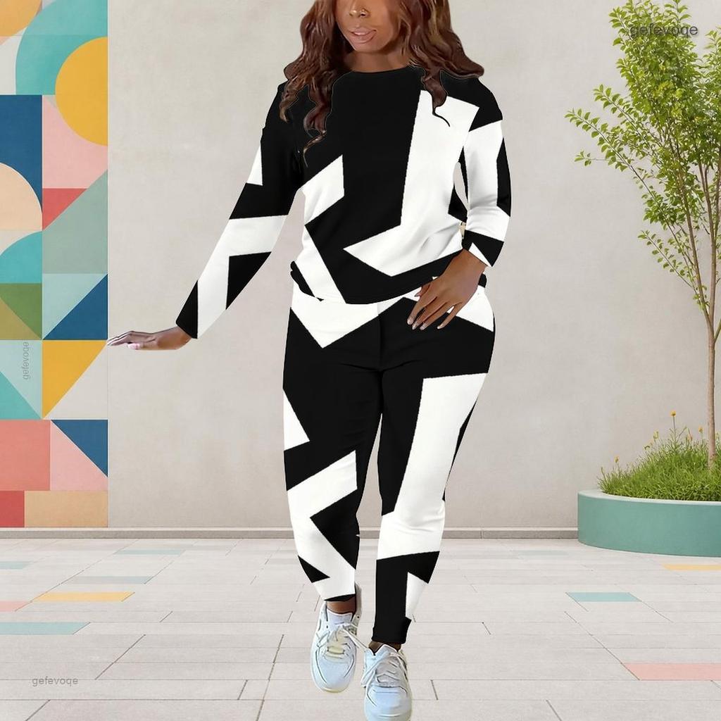 Women Plus Size Black White Printed Round Neck Long Sleeve Top And Fitted Pants Two Piece Set
