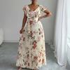 European and American Women's Clothing, New Spring Models, Floral Print Lotus Leaf Sleeve V-neck Pleated Long Dress