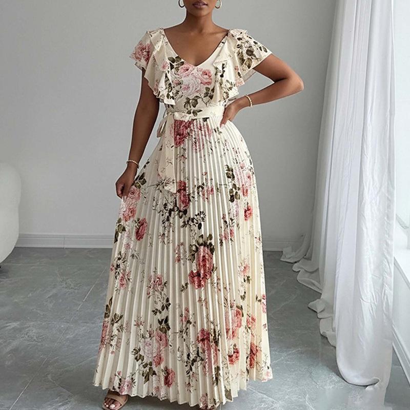 European and American Women's Clothing, New Spring Models, Floral Print Lotus Leaf Sleeve V-neck Pleated Long Dress