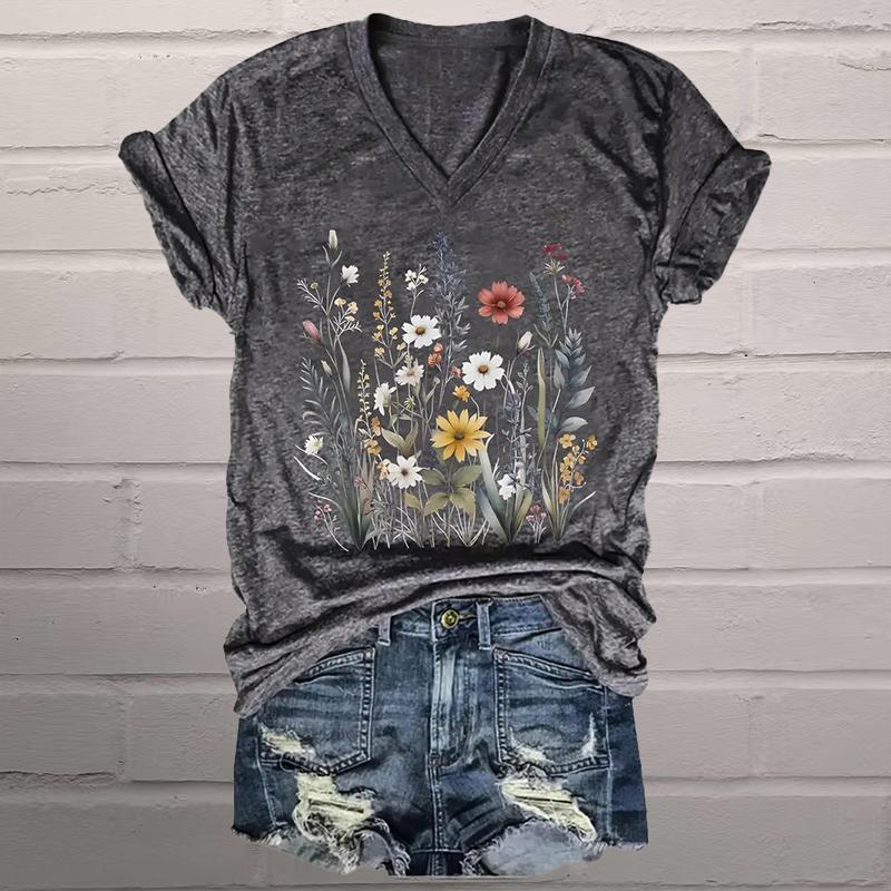 

Красивые блузки с рисунком в виде маленьких цветочков, футболки с коротким рукавом и V-образным вырезом, повседневные 7XL серый