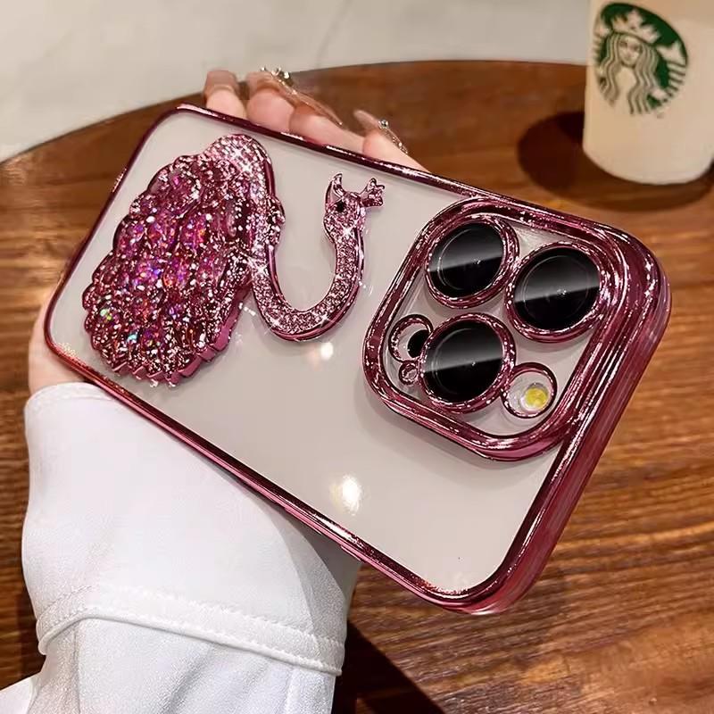 A Fully Transparent 14 Protective Case Suitable for IPhone16 Phone Cases, Featuring "Swan's Love" with Sand and Diamonds and "Apple 15pro"