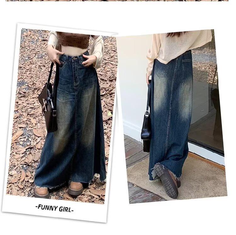 2407 Damen A-Linien-Rock aus distressed gewaschenem Denim - Retro Slim Long Fit für Frühling und Herbst