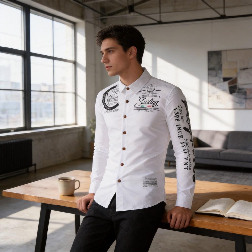 Mens Casual Long Sleeve Shirt With Print Collar And Button Closure