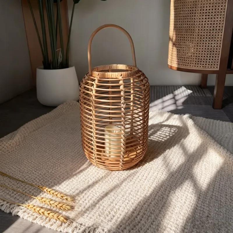 1pc Rattan Woven Floor Wind Lamp Desktop Candle Holder Handmade Natural Zen Style Tea Room Ornament Indoor Home Household Decor