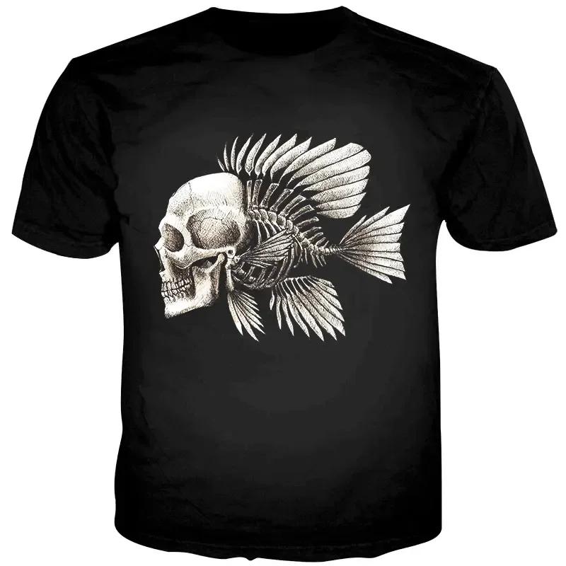 New Design Summer Tshirts Mens Skull Fish Printed Funny T-shirt Fishbone Print Male Harajuku Streetwear Tops 3D Tees