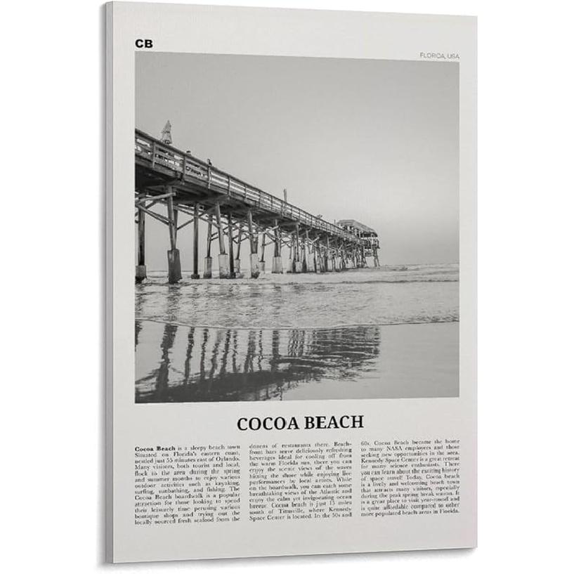 Cocoa Beach Print Black And White, Cocoa Beach Wall Art, Cocoa Beach Poster, Cocoa Beach Photo, Coco Canvas Art Poster And Wall Art Picture Print 12x18inch(30x45cm)