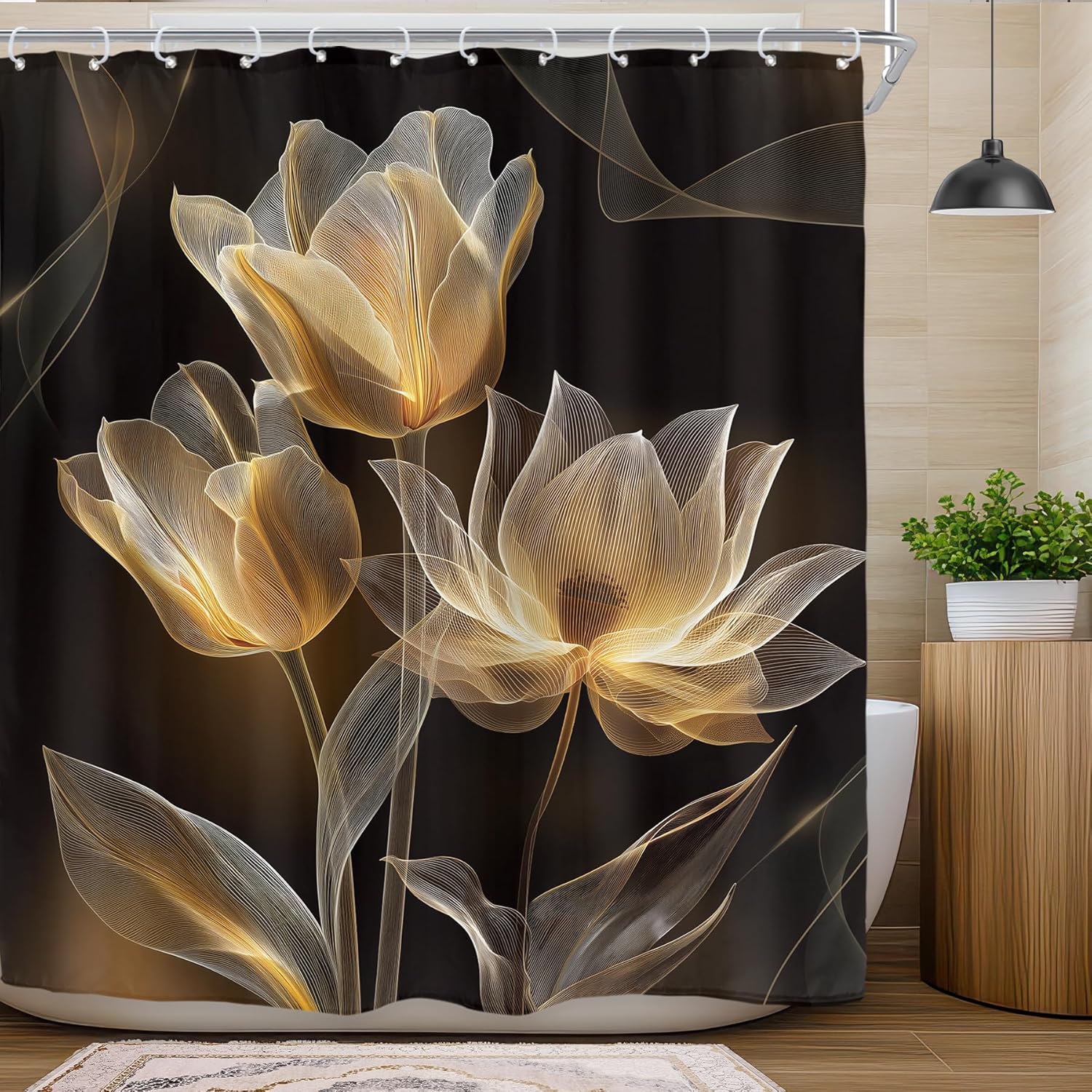 

Черно-золотая цветочная шторка для душа, винтажный ботанический принт с цветущими бутонами, водонепроницаемый полиэстер, декор для ванной W120xH180cm
