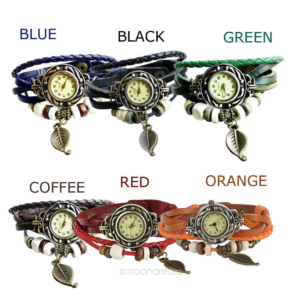 Womens Leather Tree Leaf Quartz Wrist Watch Bracelet Orange Watch