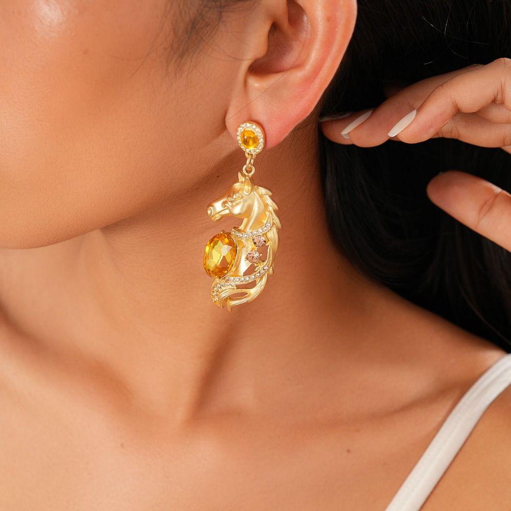 Rhinestone Crystal New Year Horse Earrings Cartoon Horse Mascot Drop Earrings  Party