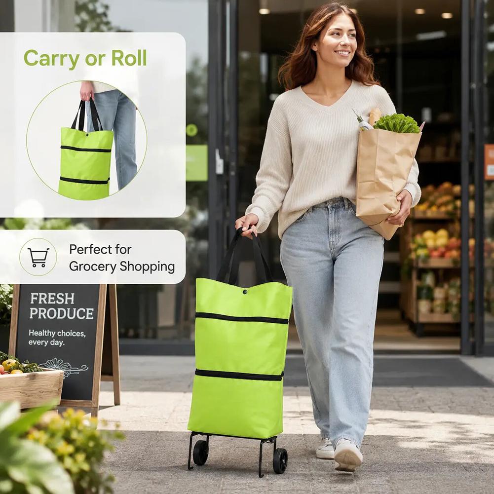 Foldable Shopping Cart With Wheels Portable Large-Capacity Storage Bag Waterproof Oxford Reusable For Armers Market & Picnics