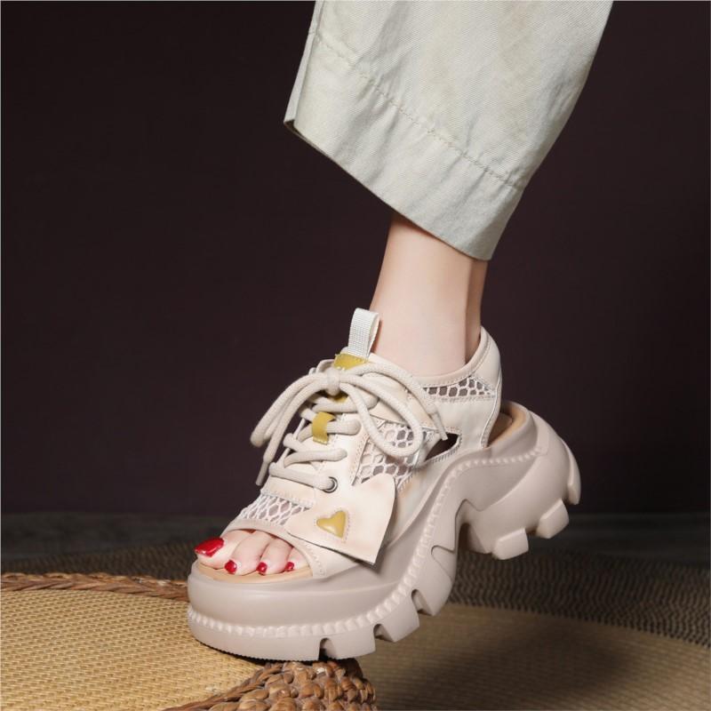 Johnature Fashion Hollowed Out Sandals Genuine Leather Thick Soled Lace Up Breathable Women's Platform Shoes