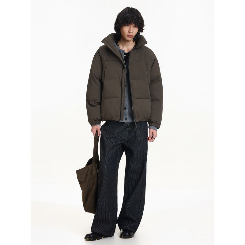 Blaexit Retro Patchwork Deconstructed Stand-Up Collar down Cotton Jacket Men's Winter Thickened Coat Brown Short Cotton Jacket