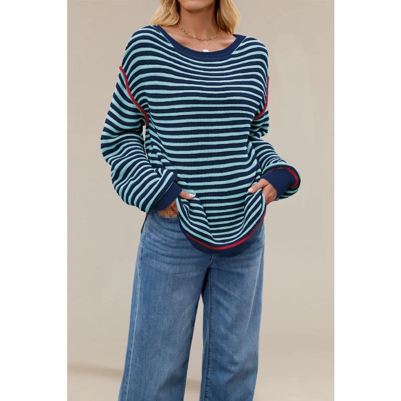 Women's Fashion Casual Fall Winter Stripe Print Long Sleeve O-Neck Tops Women's Clothing Woolen Knitwear Sweaters