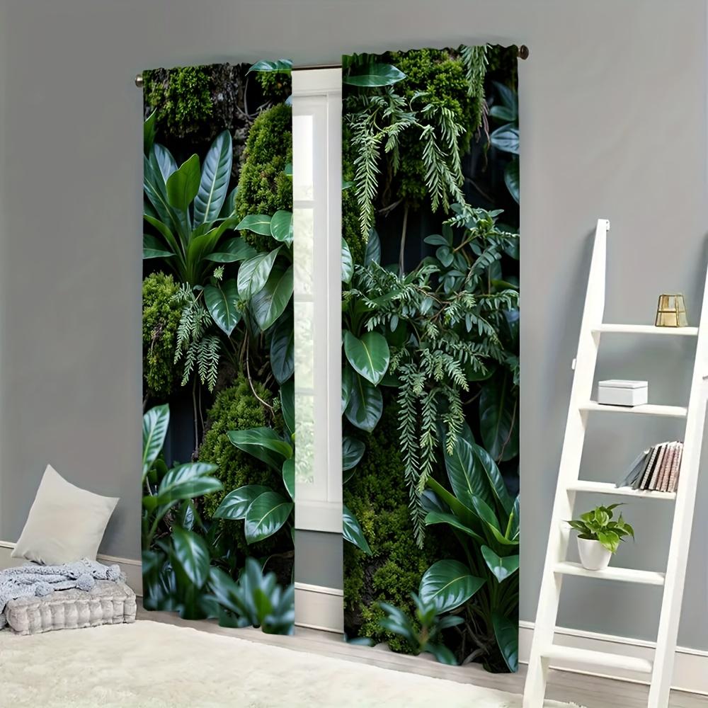 2pcs Natural Green Forest Print Curtains - Machine Washable Polyester, Semi-Transparent with Vibrant Moss & Foliage Design for B