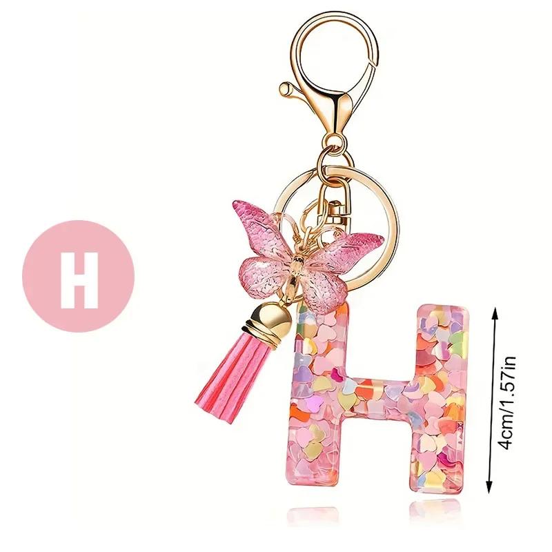 A-Z Dreamy Letters Keychain for Women Tassels Butterfly Pendant Initial Keyrings Purse Suspension Bags Car Key Chain Pink