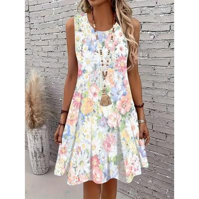 Floral Print Sleeveless Summer Dress for Women Casual Boho Style A Line Mini Dress with Round Neck And Tassel Necklace Included, Overseas Printing