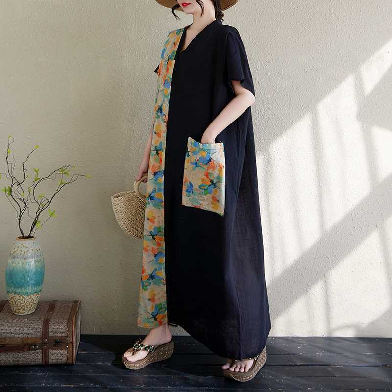 Women's Cotton and Linen Retro Slimming Short Sleeved Color Blocked Dress