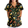 Women's Loose Fit V Neck Short Sleeve Medical Scrub Top with Pocket Beer Festival Print Comfortable Work Uniform for Nurses Caregivers