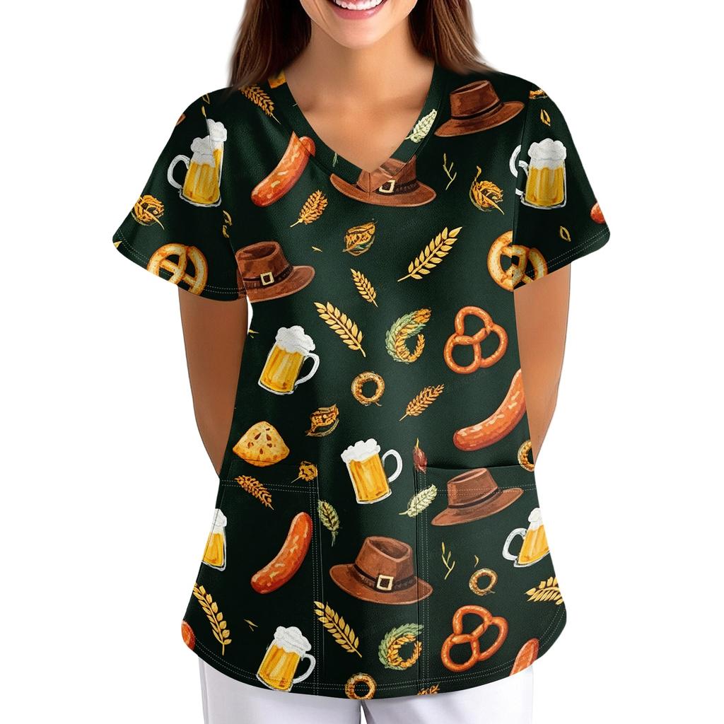 Women's Loose Fit V Neck Short Sleeve Medical Scrub Top with Pocket Beer Festival Print Comfortable Work Uniform for Nurses Caregivers
