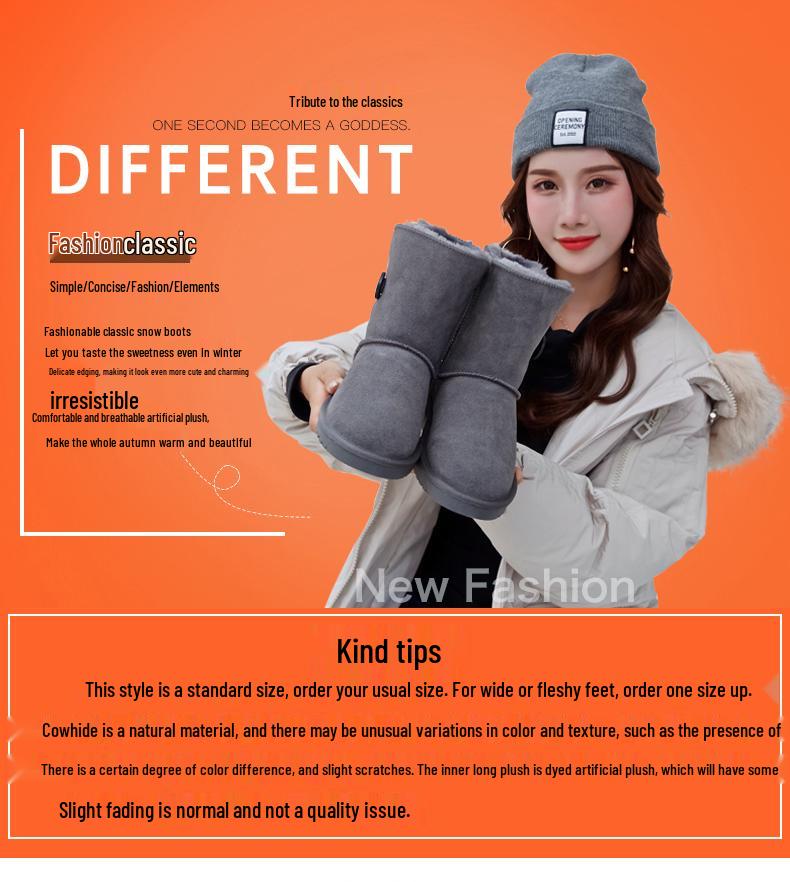 Korean Style Mid-Calf Snow Boots for Women - Warm, Non-Slip, Cowhide, Velvet Lined, Fashionable & Versatile for Winter 2025