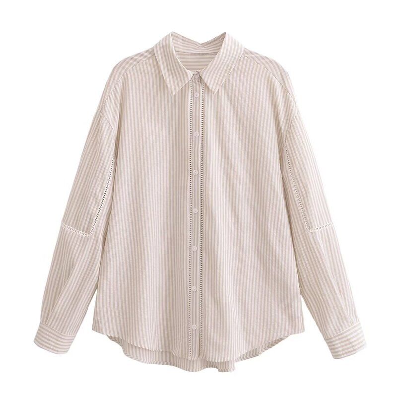 Fashion Style 2024 Summer New Arrival Women's Clothing All-Matching Graceful Vertical Lace Linen Blended Shirt 2556841