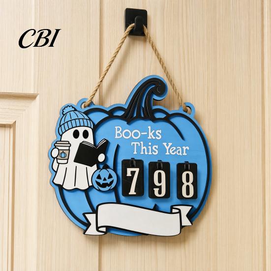 Fun Halloween Gift Ghost Pumpkin Reading Tracker Wooden Hanging Sign, Sliding Number Counter for Book Read This Year, Progress Spooky Decor with Jute
