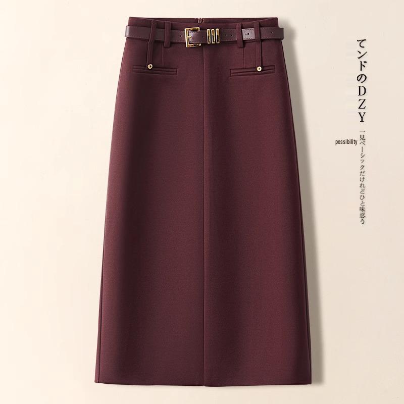Women's Angora Red Tweed A-Line Midi Skirt - 2024 Autumn/Winter Fashion, High-End Mid-Length Straight Sheath Skirt