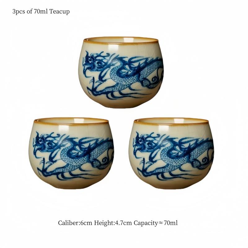 

200ml Ru Kiln Blue and White Dragon Pattern Porcelain Teapot High-End Tea Bowl Tea Ceremony Set Hand-Held Teapot KungFu Tea Set