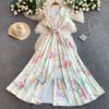 Sweet Floral Print Flying Sleeve Long Maxi Dress for Women ElegantTurn Down Collar Short Sleeve Single Breasted Summer Dresses