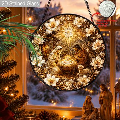 1pc 2D Flat Religious Stained Glass Suncatcher, 6.3/7.87 Inch Nativity Scene Glass Hanging Ornament, Religious Christmas Decor, Holy Nativity Stained