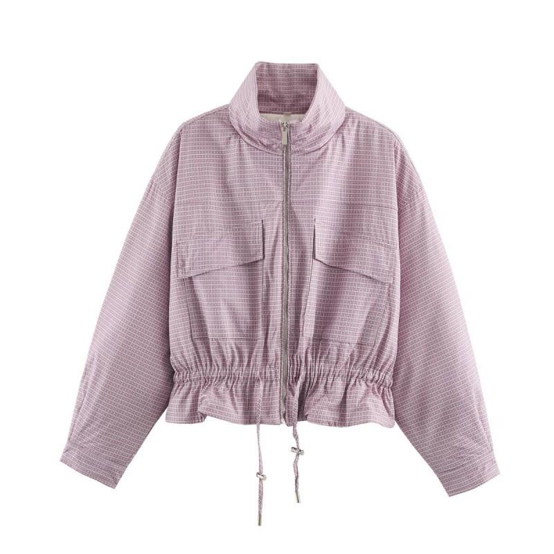 2026 Womens Plaid Stand Collar Cotton Jacket Casual Zip Up Outerwear