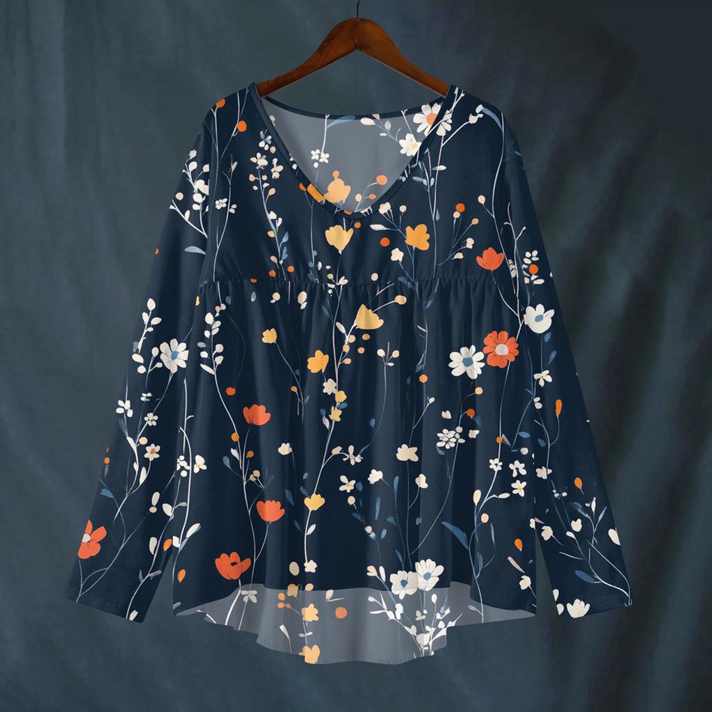 Women's Fashionable And Casual Shirt Long-sleeved V-neck Print Cotton And Linen Blouse