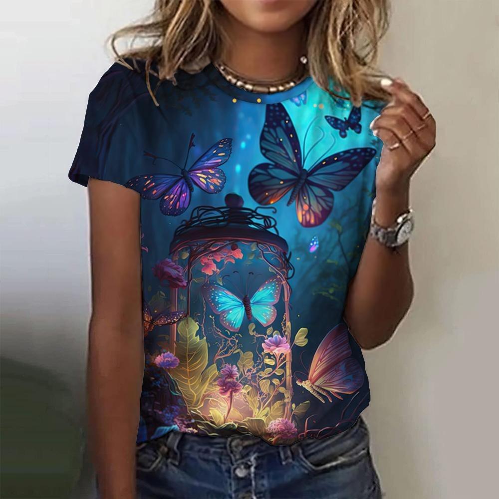 Moda Letnia 2025 Bluzka Damska T-shirty T-shirt z Motywem Motyla 3D Casualowy Top z Krótkim Rękawem Podstawowa Odzież Damska Oversize