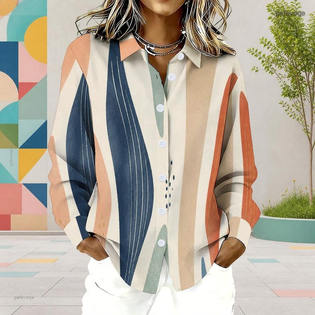 Women Plus Size Printed Collared Long Sleeve Shirt Button Front Curved Hem Pink Black White Gray