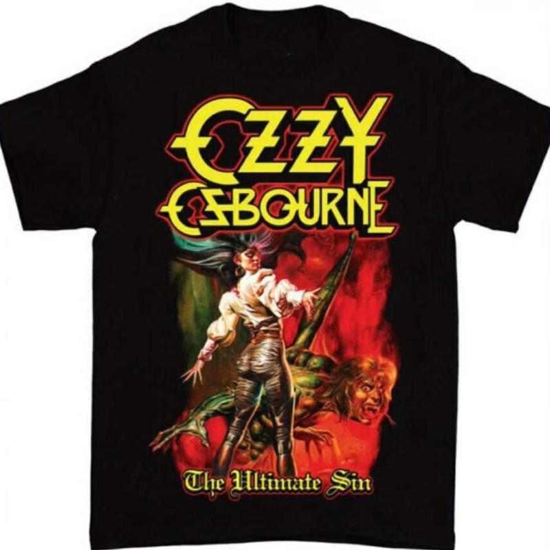 Ozzy Osbourne "The Ultimate Sin" Tričko - Černá bavlna s výrazným rockovým uměním Volný fitness krátký rukáv Pánské High Street Kulatý výstřih