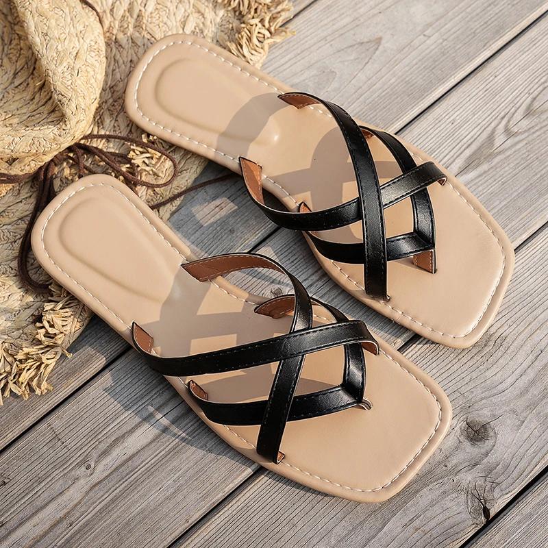 Fashion Plus Size Cross Strap Low Heel Flip Flops Women New Square Toe Clip Toe Slippers Woman Outdoor Slip On Pu Leather Slides Mujer
