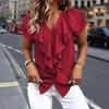 2026 New V-neck Ruffle Short Sleeve Chiffon T-shirt for Women, Summer Elegant Commuting Solid Color Top