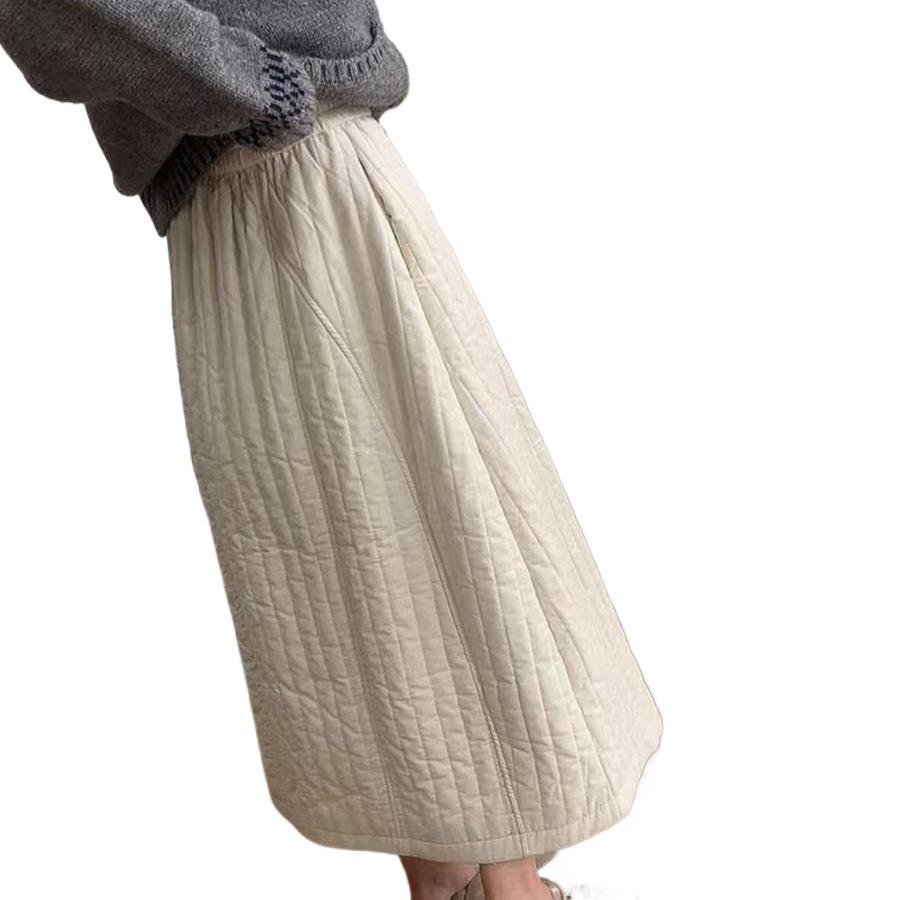 Japanese Style High-Waisted Quilted Skirt - Warm Apricot, Mid-Length, Autumn/Winter 2025