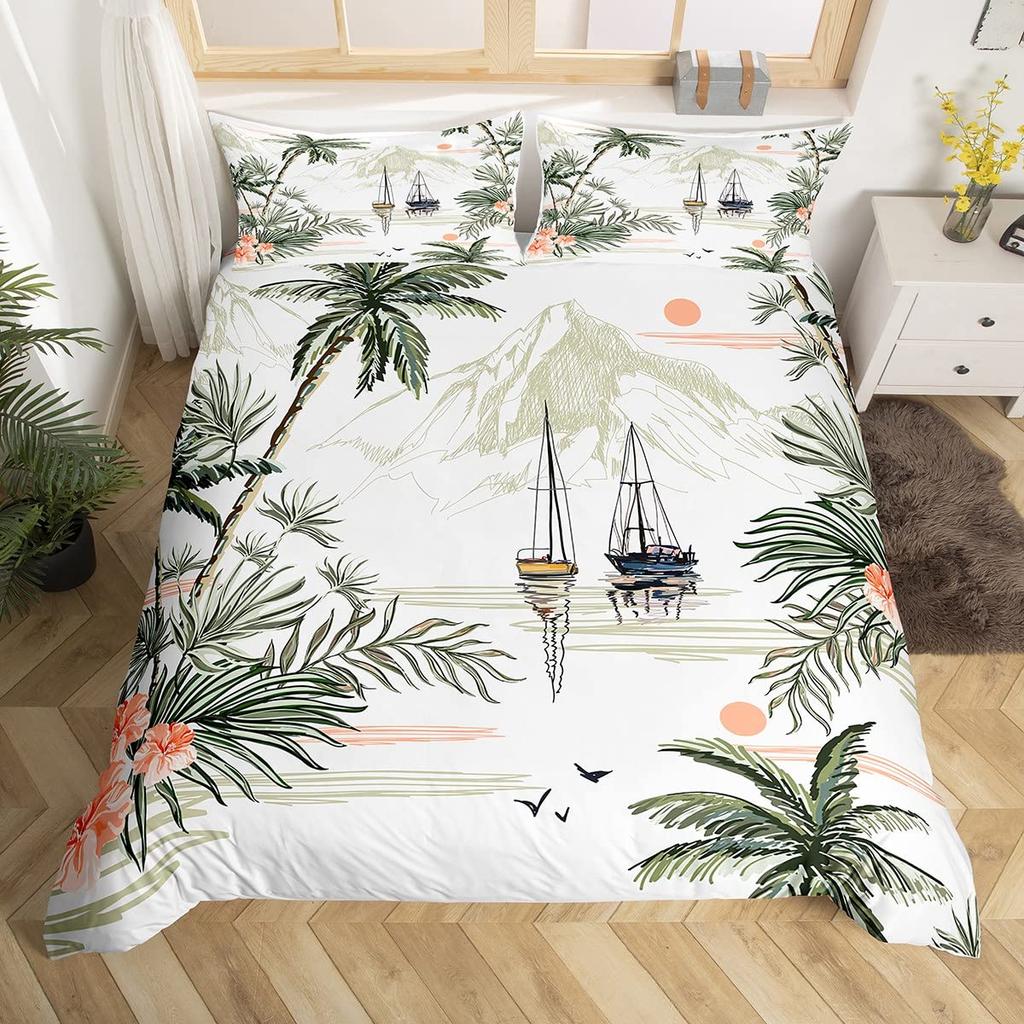 Comforter Coconut Trees Vintage Red Flower Hawaiian Tropical Leaves Comforter Palm Tree Bedding Set With