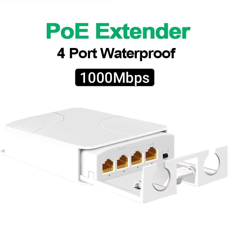 Estensore PoE Impermeabile a 5 Porte con Velocità Gigabit 1000Mbps Trasmissione Stabile per Estensione Rete Telecamere di Sicurezza da Esterno