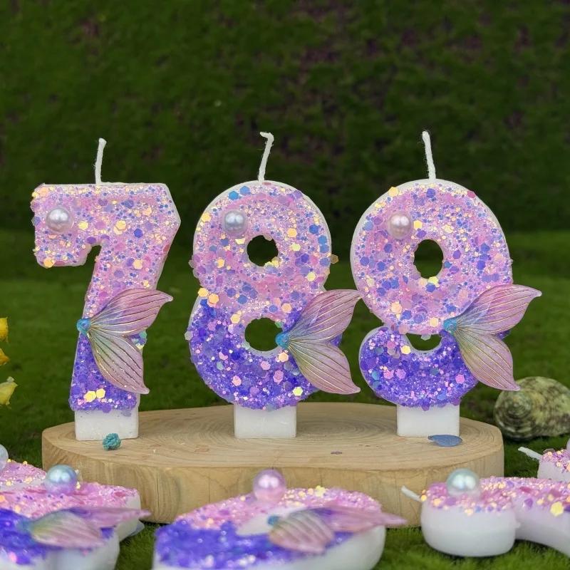 1pc Purple Mermaid Tail Glitter 0-9 Number Candle Decoration Anniversaire Birthday Party Candle Cake Decoration Toos for Girls