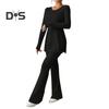 Women Two Pieces Suit Winter Autumn Knitted Long Sleeve Ribbed Slit Top High Waist Flared Trousers Set Fashion Outfit