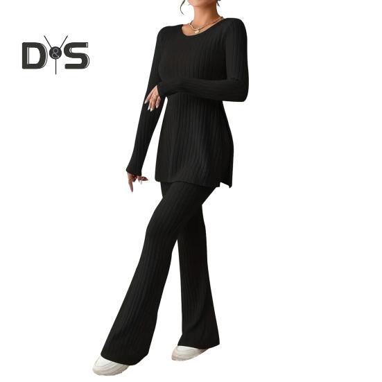 Women Two Pieces Suit Winter Autumn Knitted Long Sleeve Ribbed Slit Top High Waist Flared Trousers Set Fashion Outfit