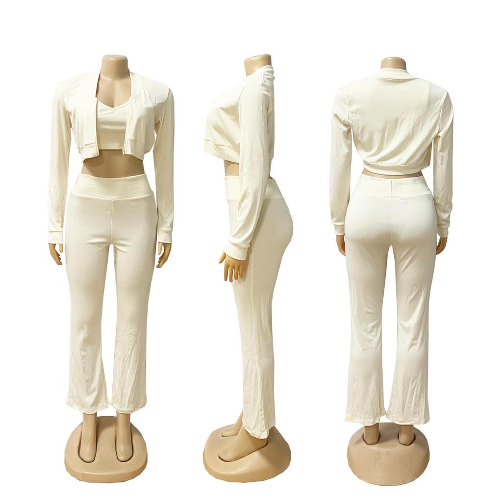 TW492 Stilvolles Dreiteiler-Set für Damen: Einfarbiges Sexy Cropped Lässiger Sportanzug