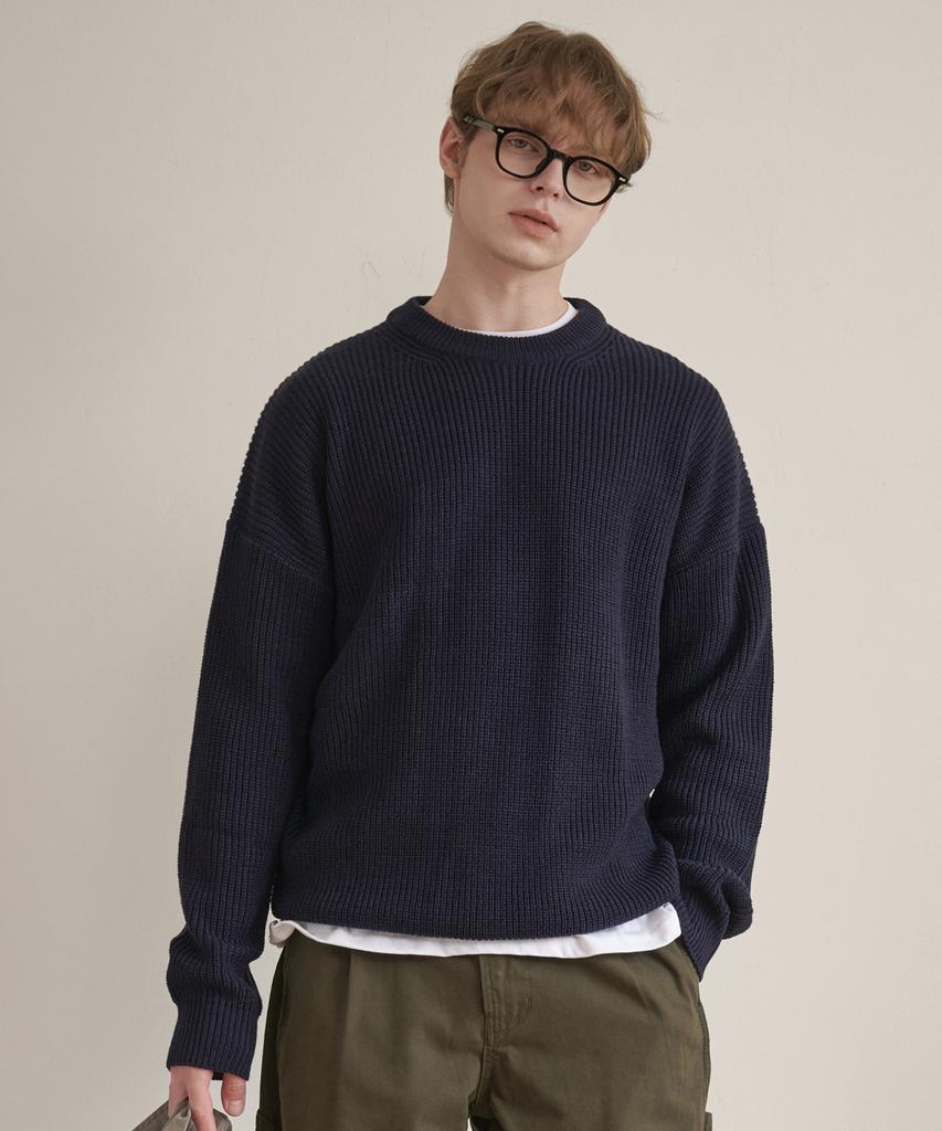 ESN Punched Round Neck Oversized Knit Navy
