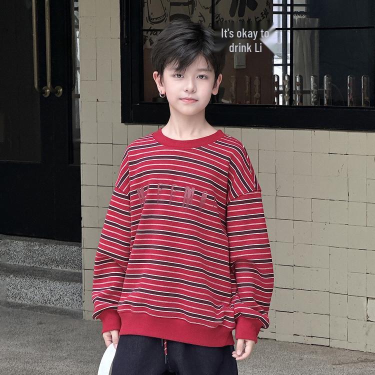 

Мужской полосатый свитшот с круглым вырезом - Осень/Зима 2025 Теплый корейский стиль, свободный крой для детей, подростков и взрослых 160 cm красный