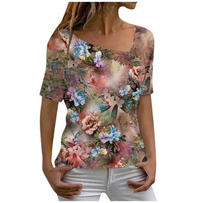 Summer Flower Printed Short Sleeve Slant Neck Loose Women's T-shirt