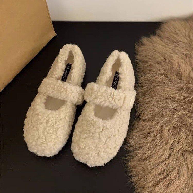 

French Outer Wear Velcro Doudou Casual Mary Jane Fluffy Shoes Women S New Single Shoes Velvet Autumn And Winter Cotton Shoes 35