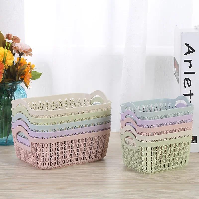 1pc Storage Basket Hollow Portable Sundries Carved Out Rattan Plastic Organizer Container Kitchen Home Office Storage Baskets